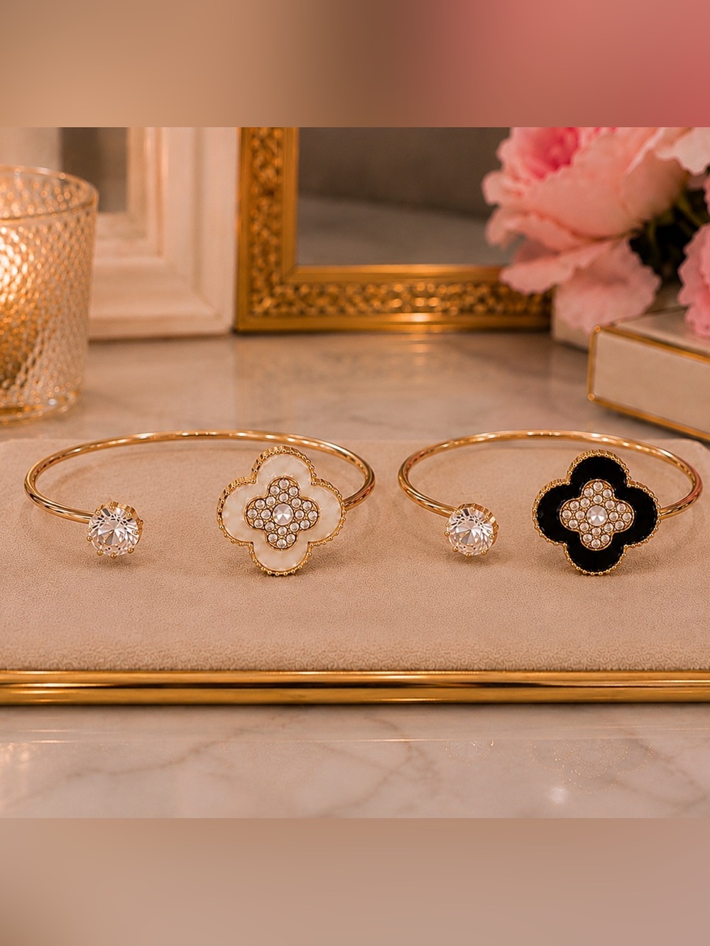 Gold Open Cuff Bracelet with White or Black Enamel Clover Accent & Crystal